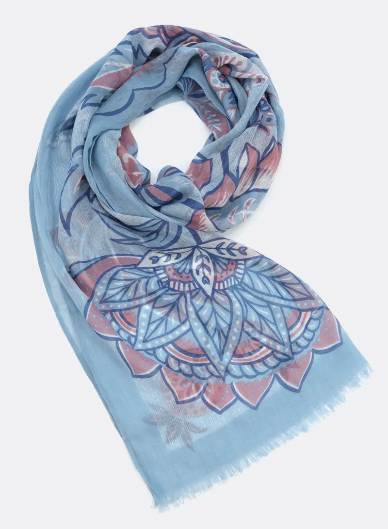 djian-dala-schal-baumwolle-floral-blau-rosa-70x190 image 1