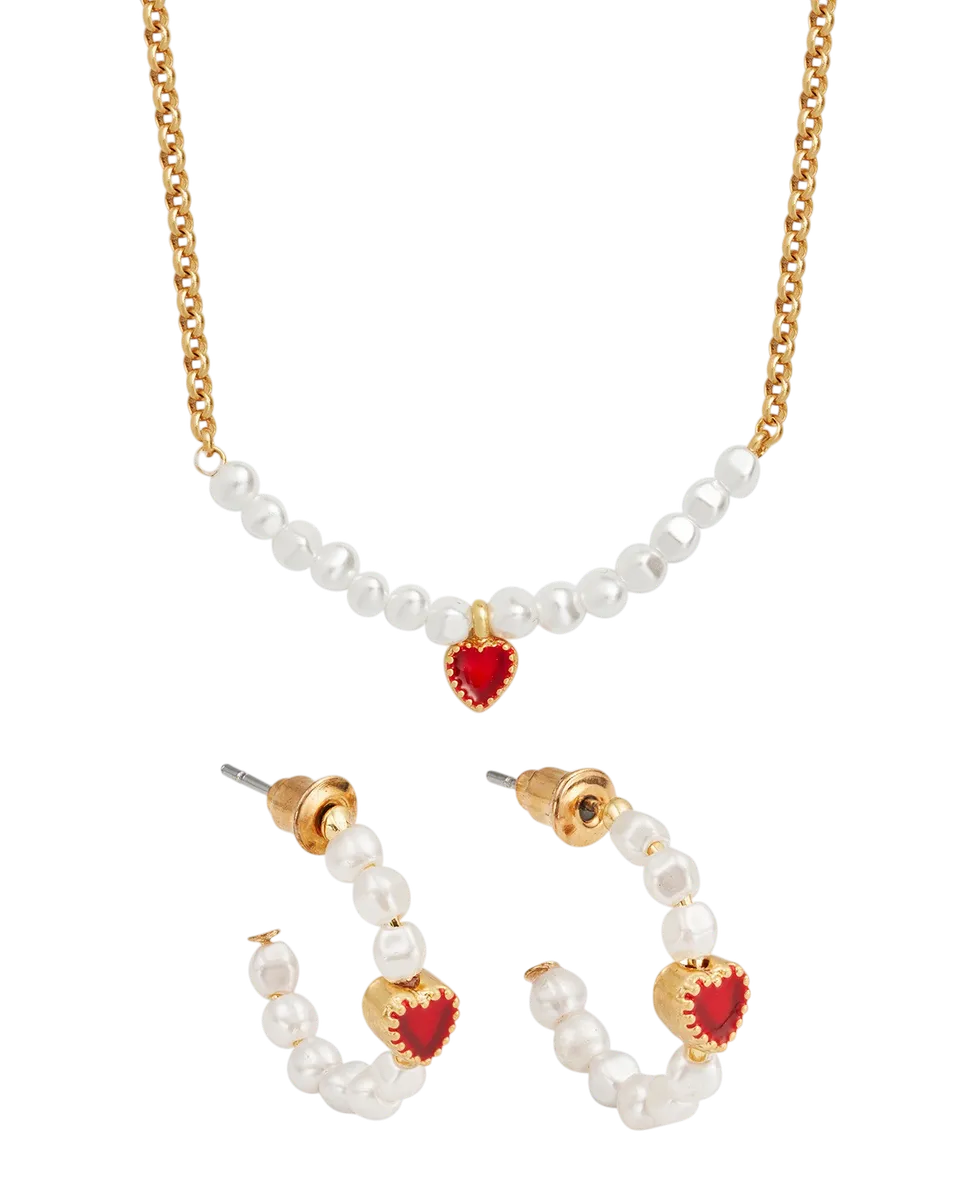 fable-england-love-heart-schmuckset-perle-rot-gold image 1